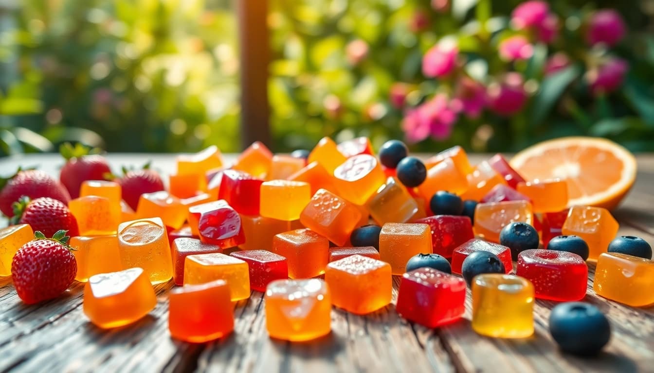 Enjoy a colorful assortment of Weed Gummies with fresh fruits, showcasing a vibrant, flavorful experience.