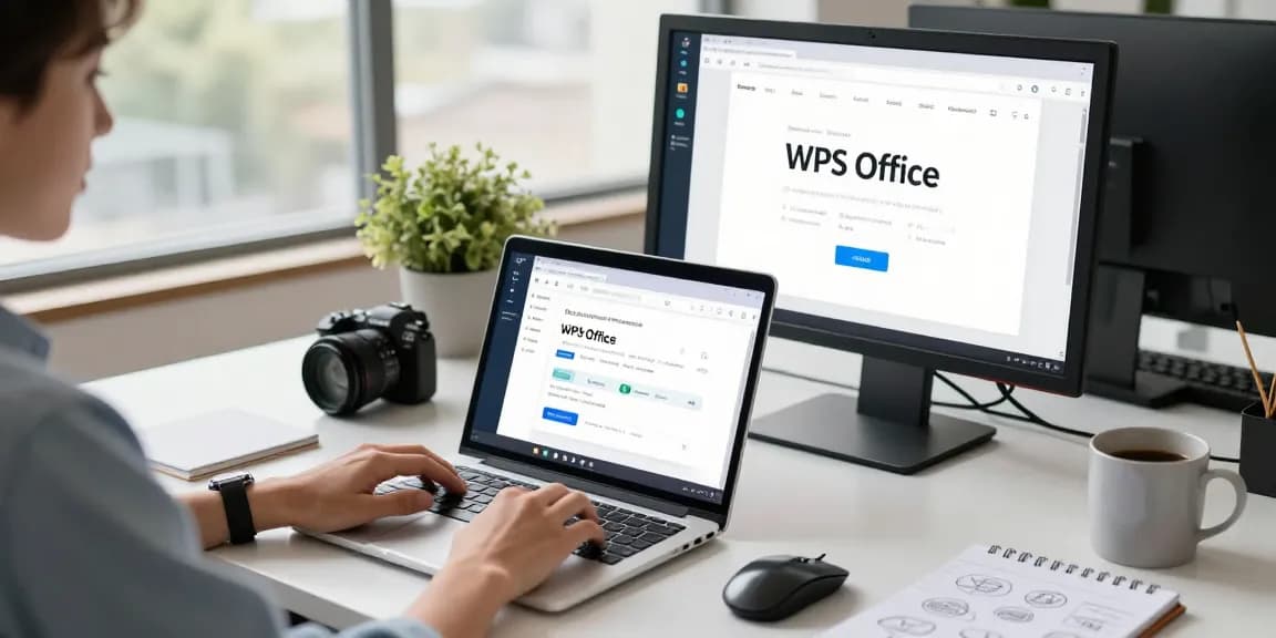 Download WPS Office on a sleek laptop in a bright, modern workspace.