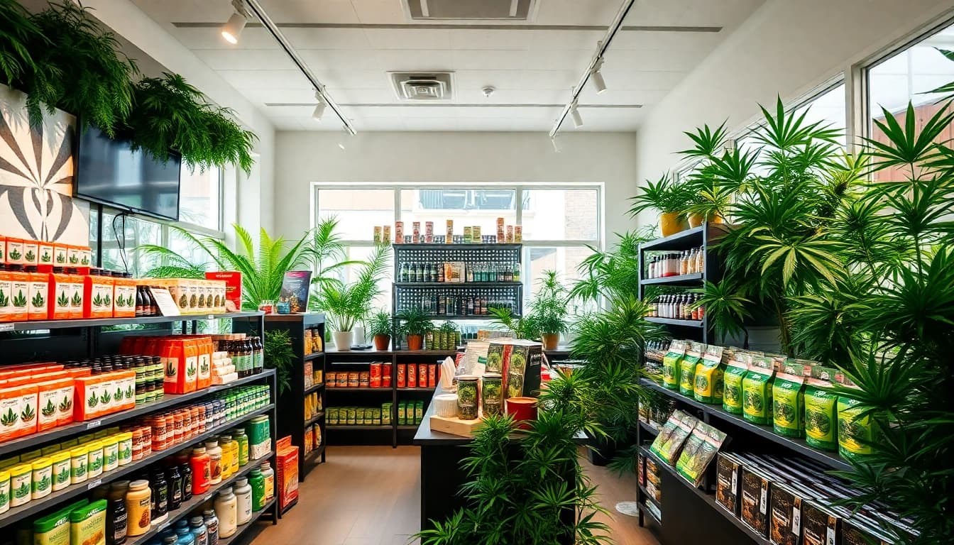 Shop cannabis products at a welcoming weed store with a vibrant display.