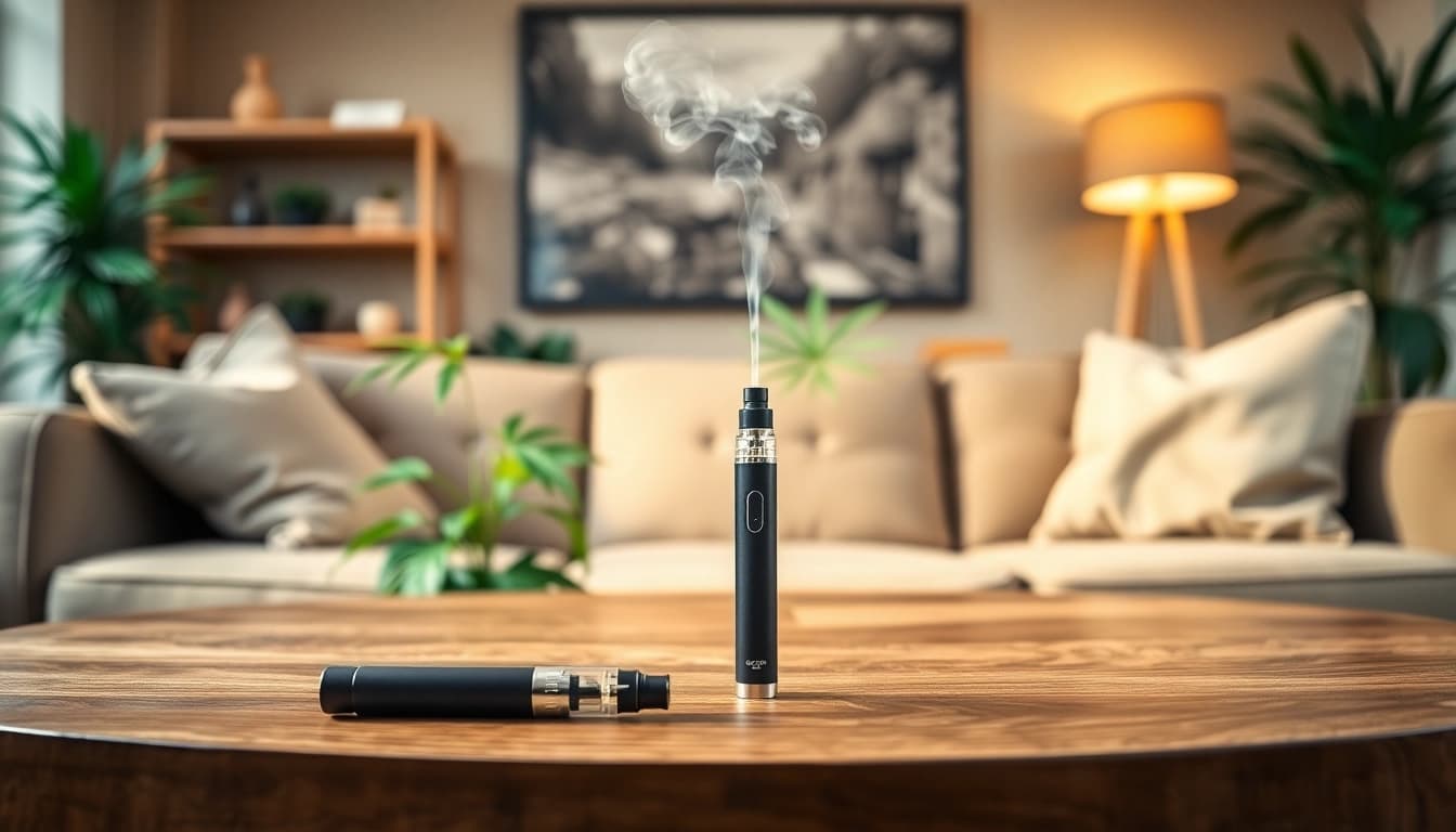 Experience Cannabis Vape setup with sleek pen in a cozy, modern space.
