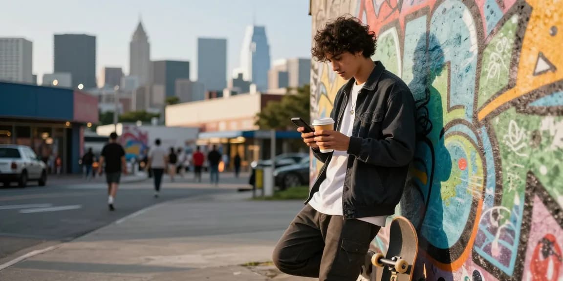 Individual engaging with smartphone in urban fashion scene at https://shs-dome5.com/ showcasing trendy streetwear against vibrant graffiti.