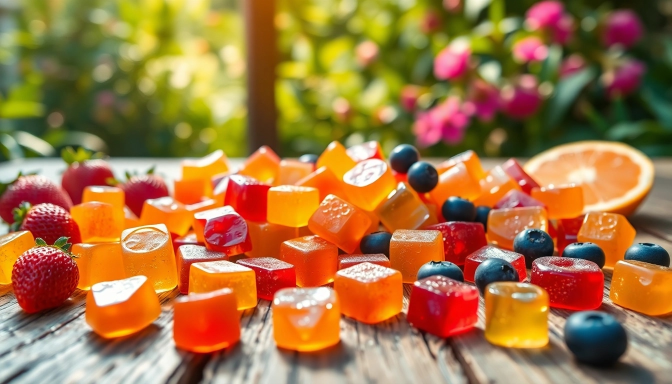 Enjoy a colorful assortment of Weed Gummies with fresh fruits, showcasing a vibrant, flavorful experience.