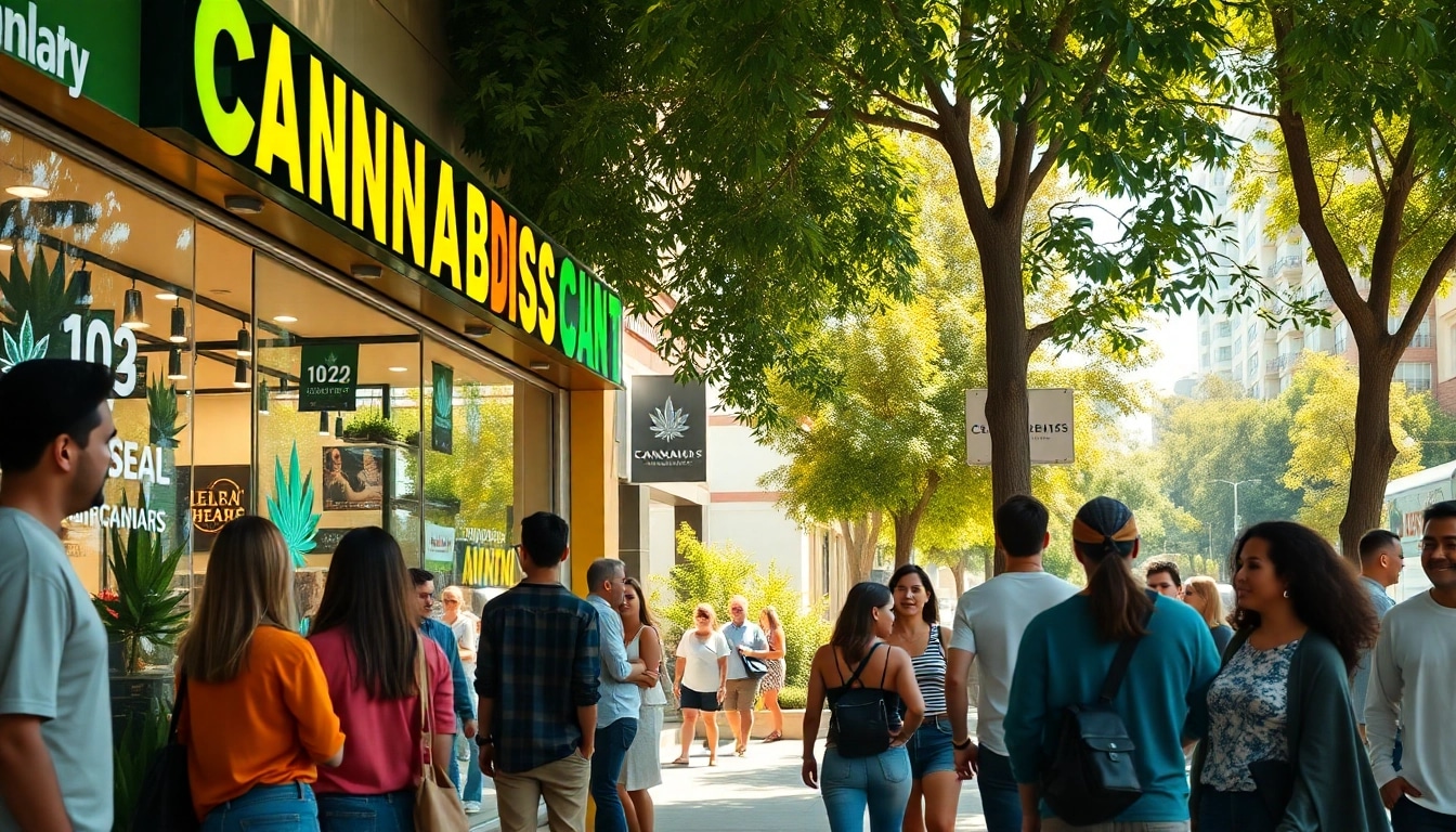 Find out where can you buy weed legally in an inviting street scene featuring a dispensary.