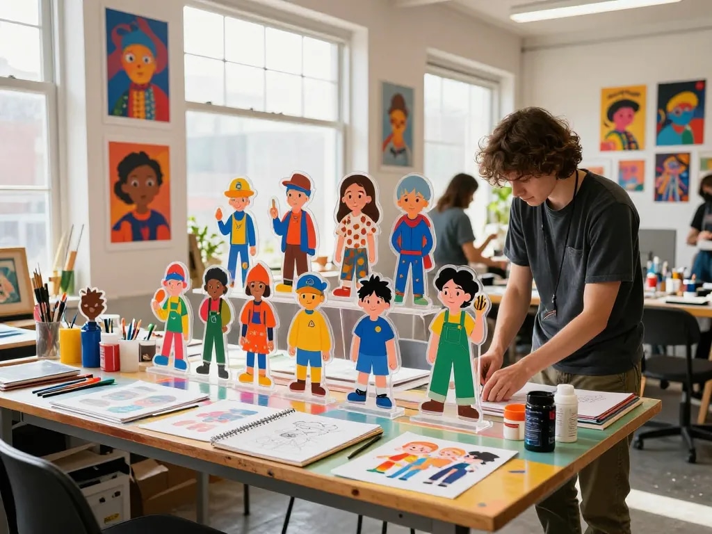 Custom acrylic standees displayed in an artist's studio, featuring vibrant colors and unique designs.
