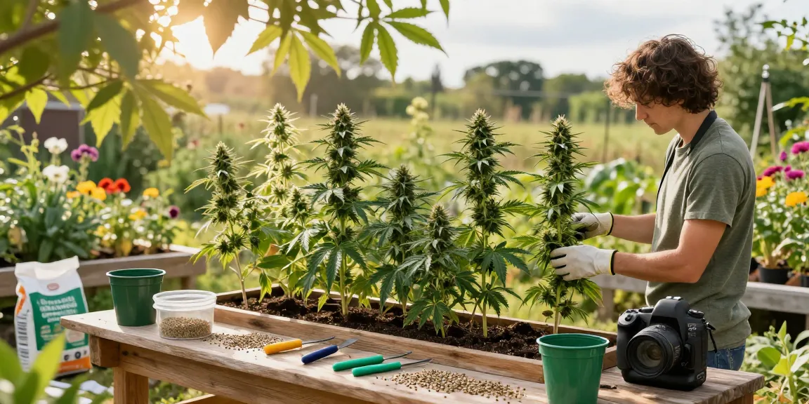 Premium Seeds Ministry of Cannabis im harmonischen Garten mit hochwertigen Cannabispflanzen, natürliche Anbaubedingungen und organische Elemente, förderlich für das Wohlbefinden.