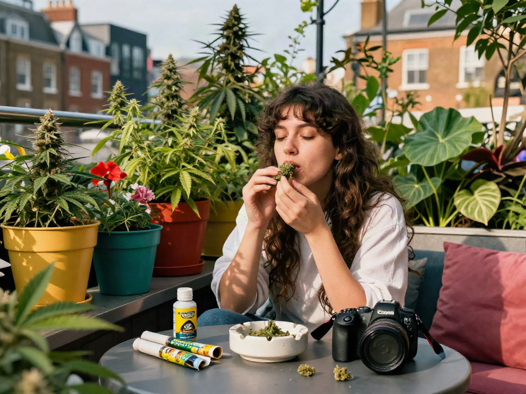 Weed London rooftop gathering with cannabis products and greenery, showcasing urban lifestyle.