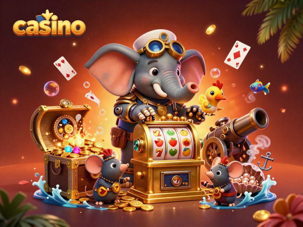 Engaging casino scene featuring cartoony steampunk characters at a golden slot machine.