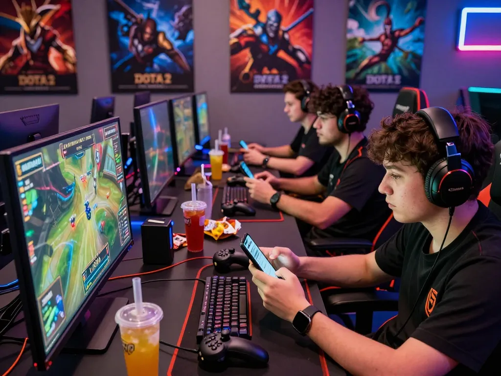 Energetic esports betting Singapore scene with diverse gamers placing bets and monitoring matches in a lively gaming environment.