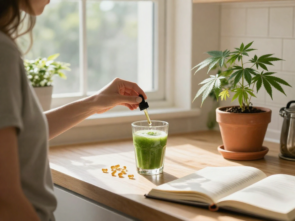 Order weed online with premium CBD oil in a bright wellness kitchen setting surrounded by natural elements.