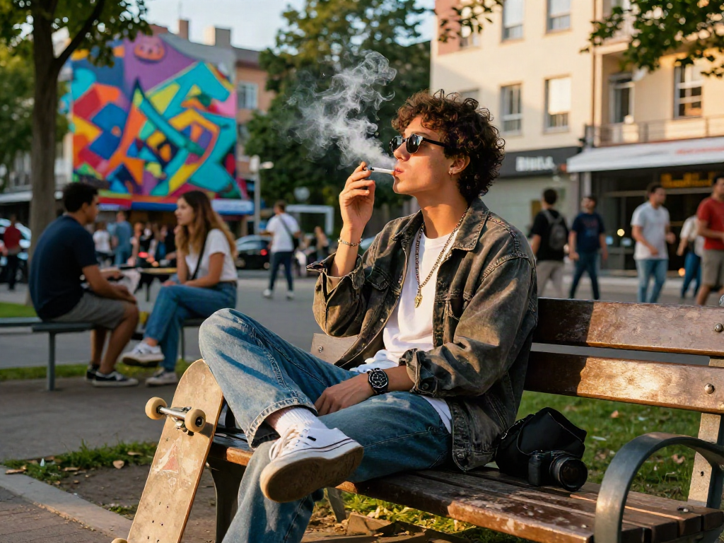 Youthful individual enjoying a rokok88 cigarette in an urban park setting, showcasing trendy style amidst vibrant city culture.