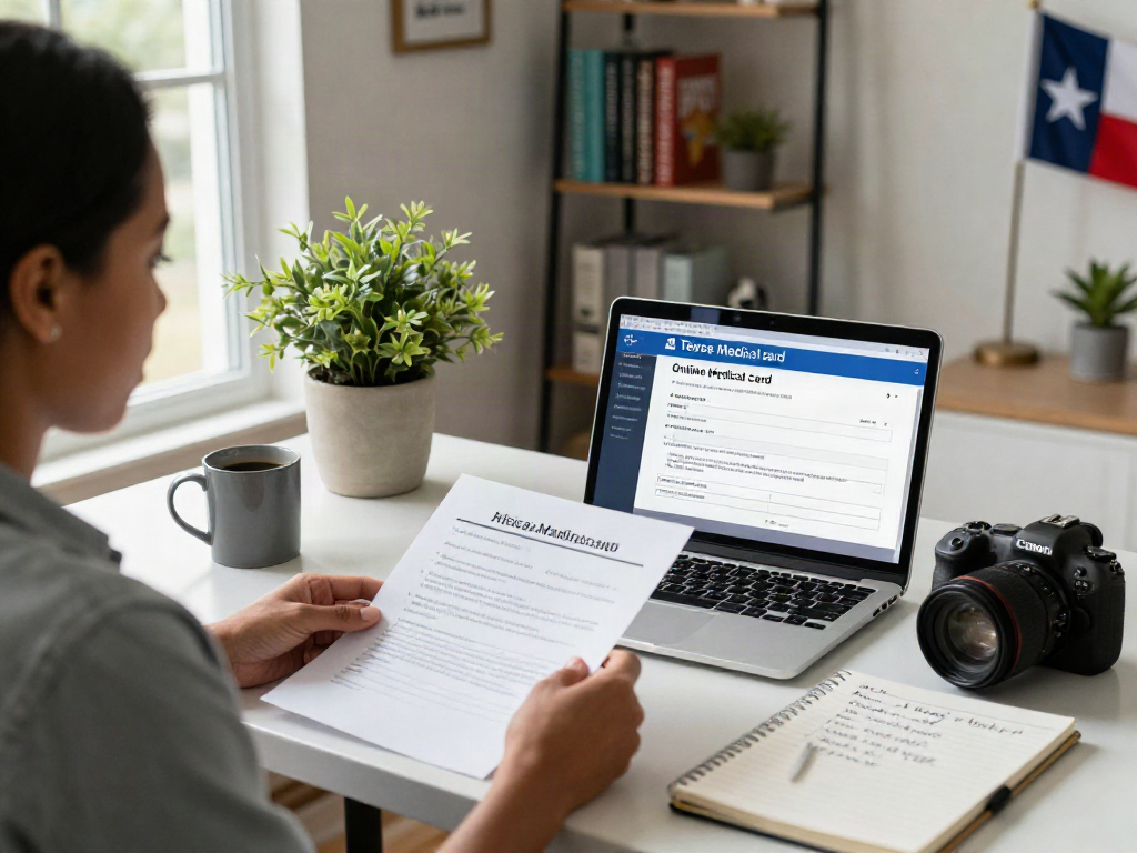 Online medical card Texas application process in a cozy home office setting with a person reviewing documents.