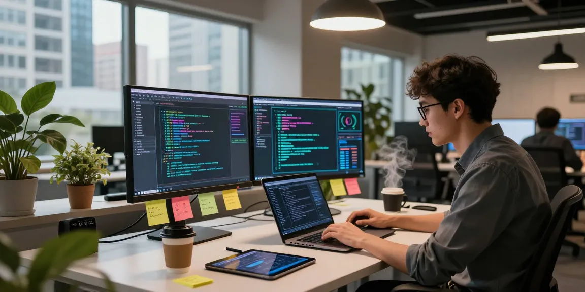 Developer coding on laptop in a vibrant tech workspace, showcasing crush ai algorithms and collaborative atmosphere.