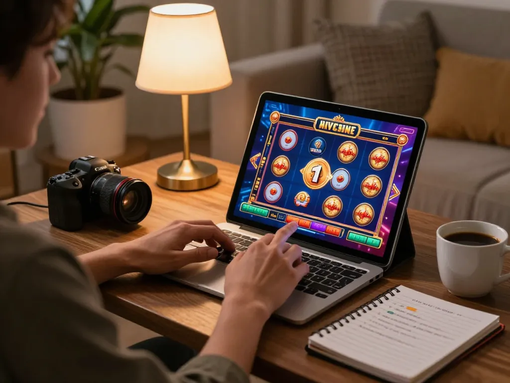 Player enjoying 99win casino slots on a tablet in a cozy home atmosphere