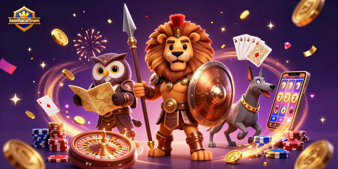Engage with the keonhacai5nam casino experience featuring a Spartan lion alongside a tactical owl and swift greyhound.