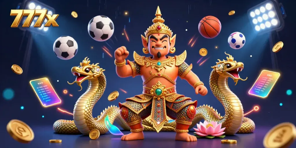 Experience the thrill of casino gaming with dynamic 777x elements featuring a temple guardian, sports balls, and excitement.