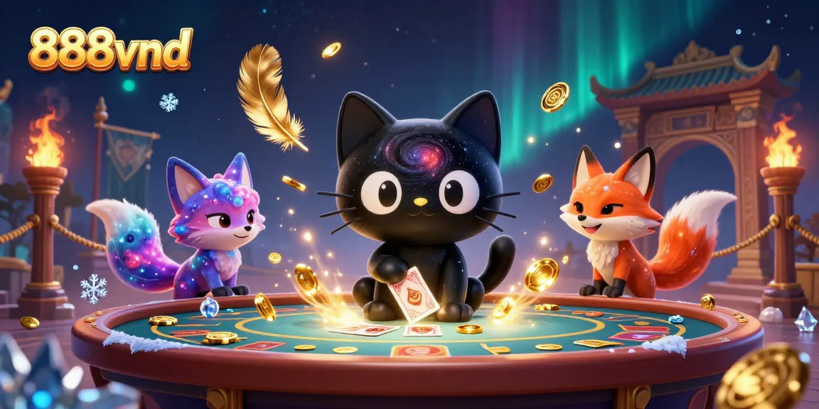 Experience the cosmic charm of 888vnd with a whimsical black hole cat at a casino table.