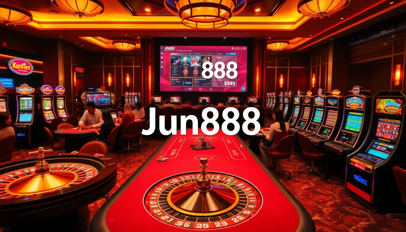 Players enjoy gaming with Jun888 at luxurious casino tables and slot machines.