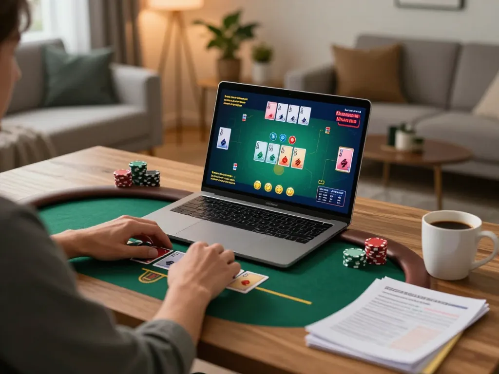 Engaging in virtual poker gameplay at home with 388bet, showcasing strategy notes and a warm atmosphere.