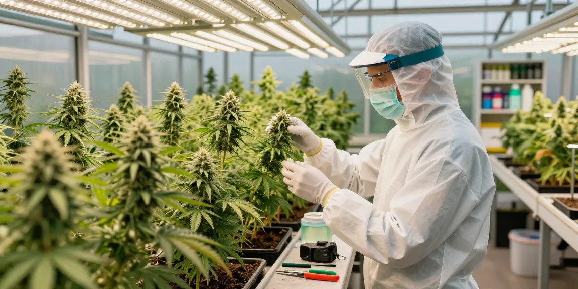 Skilled grower inspecting triploid cannabis plants showcasing next-generation genetics in a vibrant greenhouse.