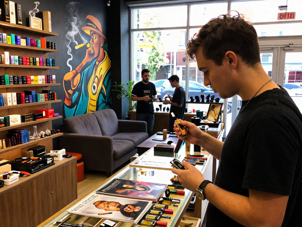 Browsing premium rokok88 smoking devices in a vibrant smoke shop.