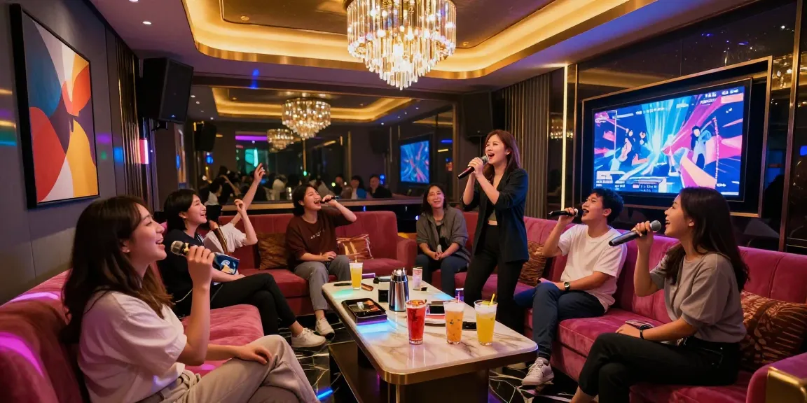 Enjoying a night at 강남 가라오케 with friends in a luxurious karaoke room filled with vibrant lights and music.