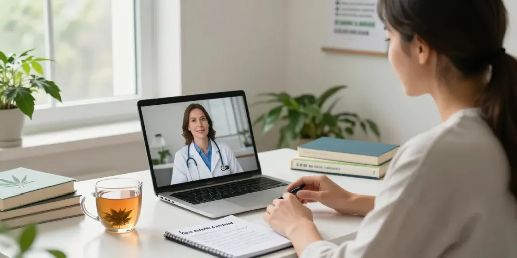 Individual consulting online to get medical marijuana card in a cozy home office.
