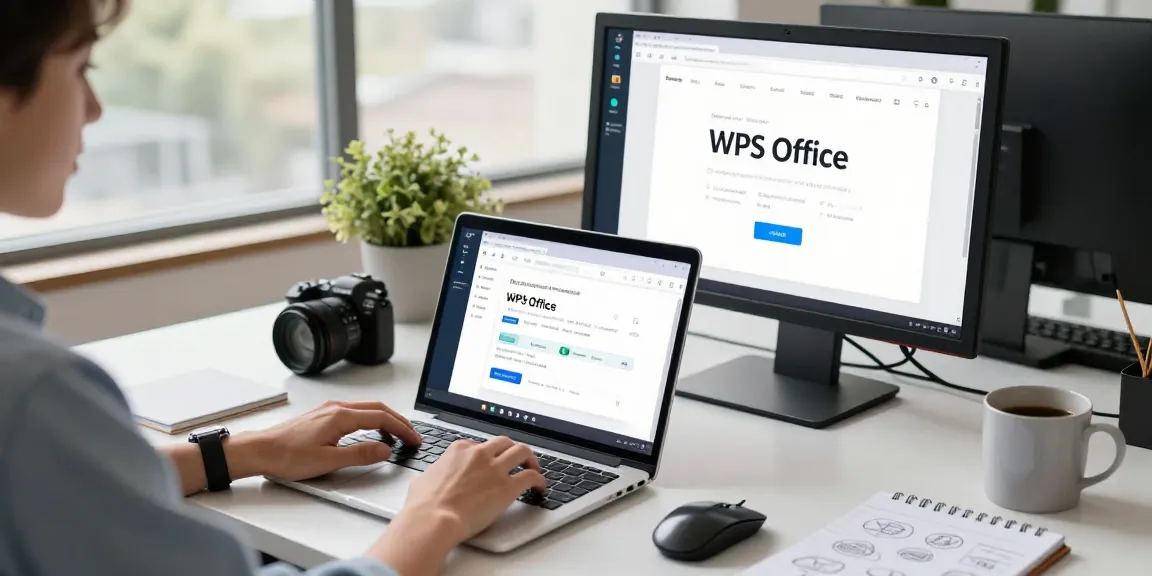 Download WPS Office on a sleek laptop in a bright, modern workspace.