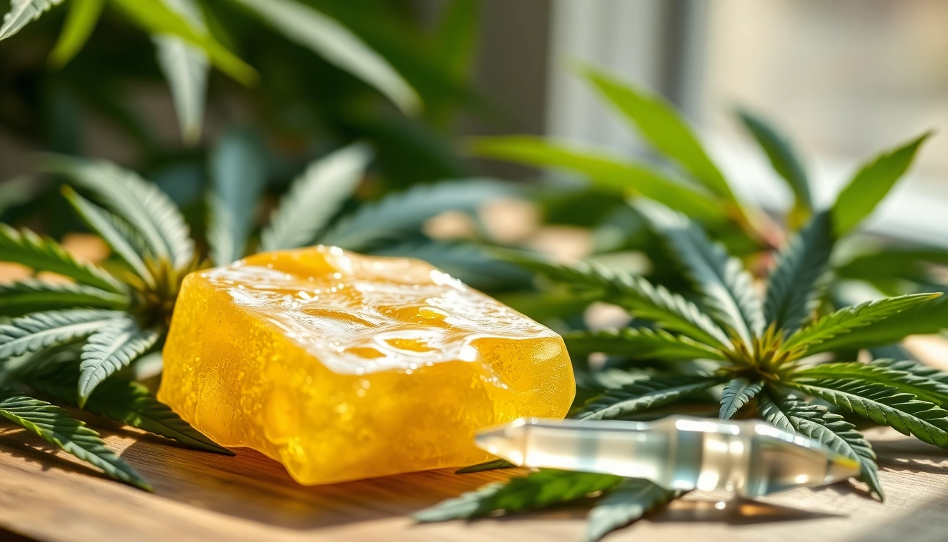 Showcase of west coast cure rosin glistening next to fresh cannabis leaves, emphasizing quality and purity.