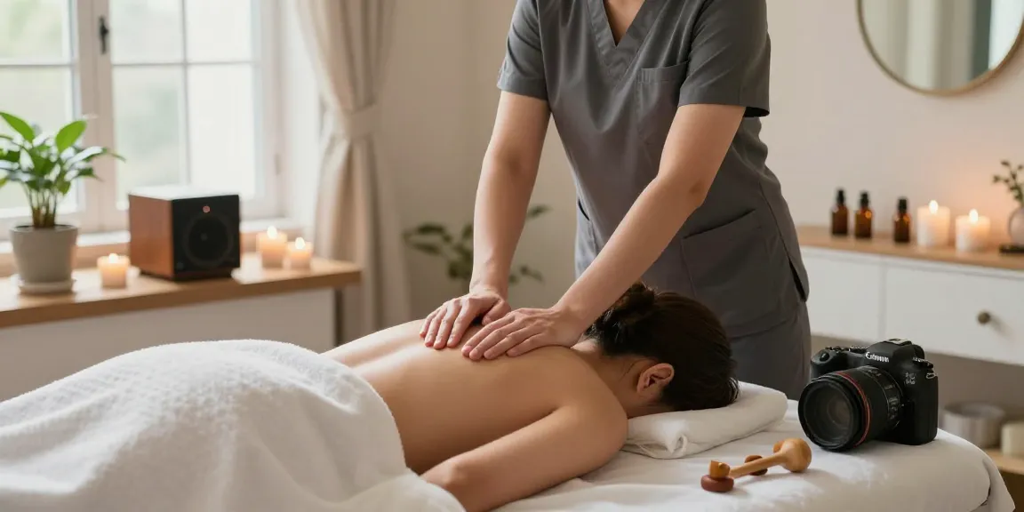 A serene 1인샵 scene showcasing a Swedish massage therapy session with calming oils and soft lighting.