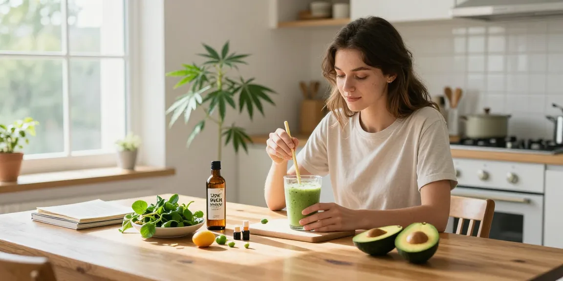 Morning wellness routine with Pin High hemp oil, organic ingredients, and healthy lifestyle elements.