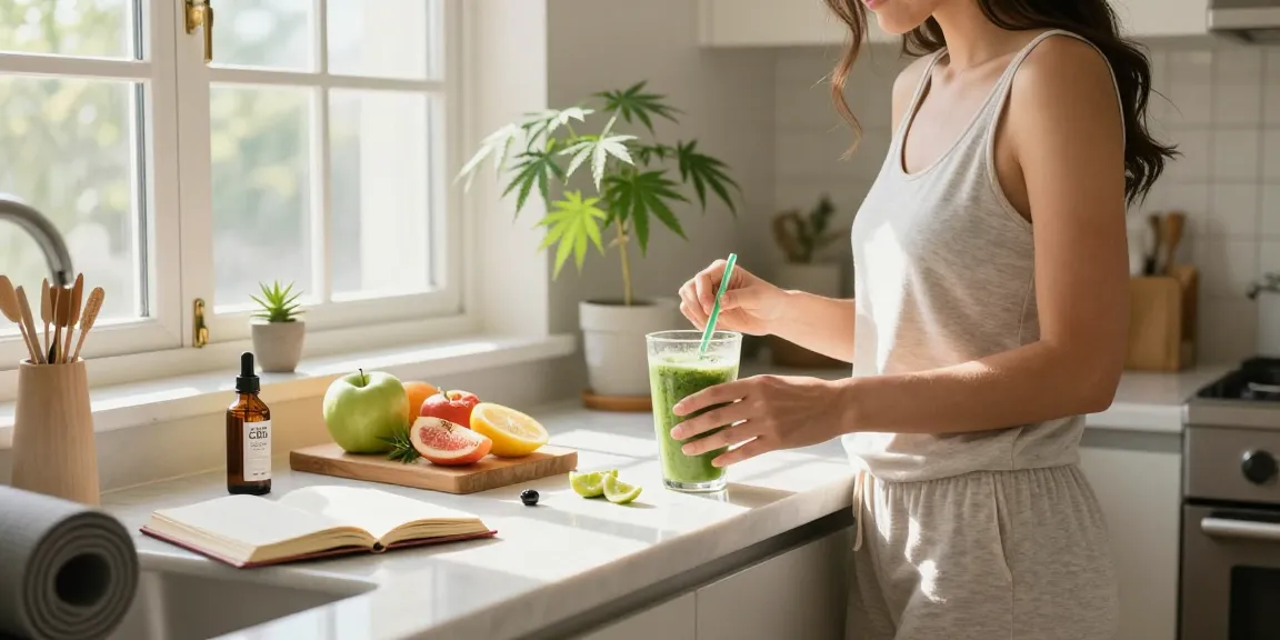 Pin High hemp oil used in a morning wellness routine with fresh ingredients and vibrant atmosphere.