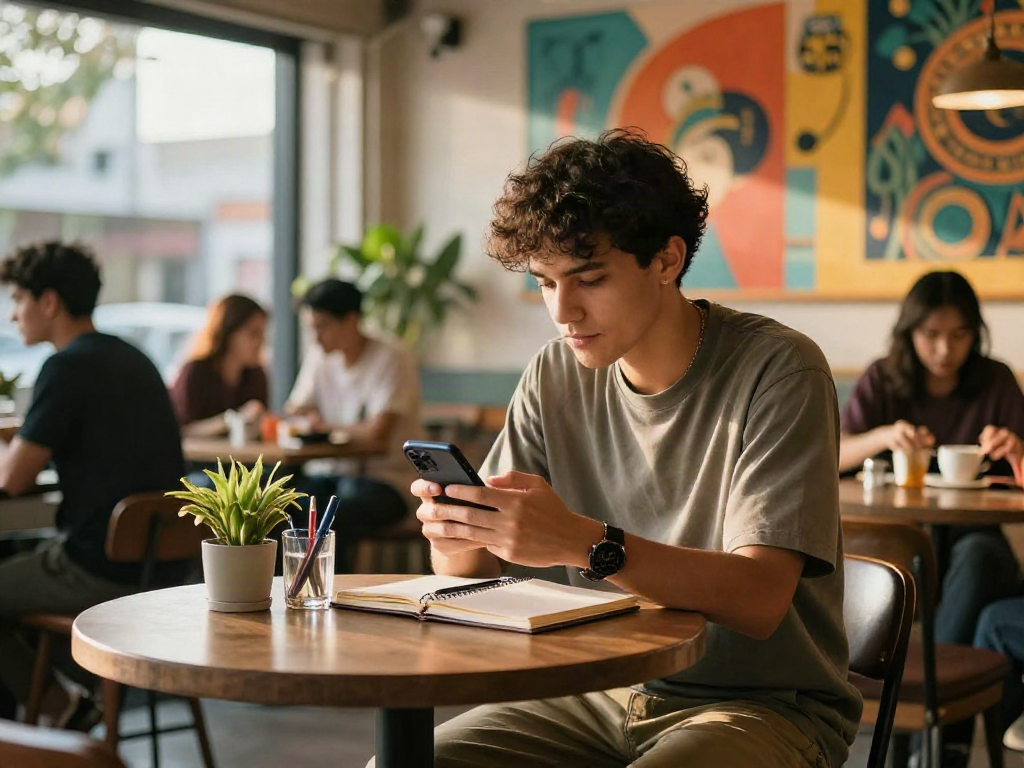 Engaging lifestyle scene with rokok88 content at a chic café.