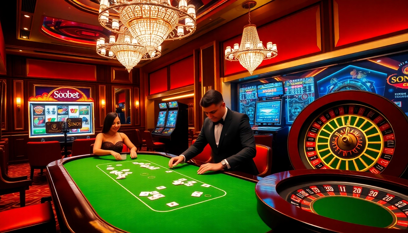 Experience sbobet login excitement at a luxurious casino featuring poker tables and slot machines.