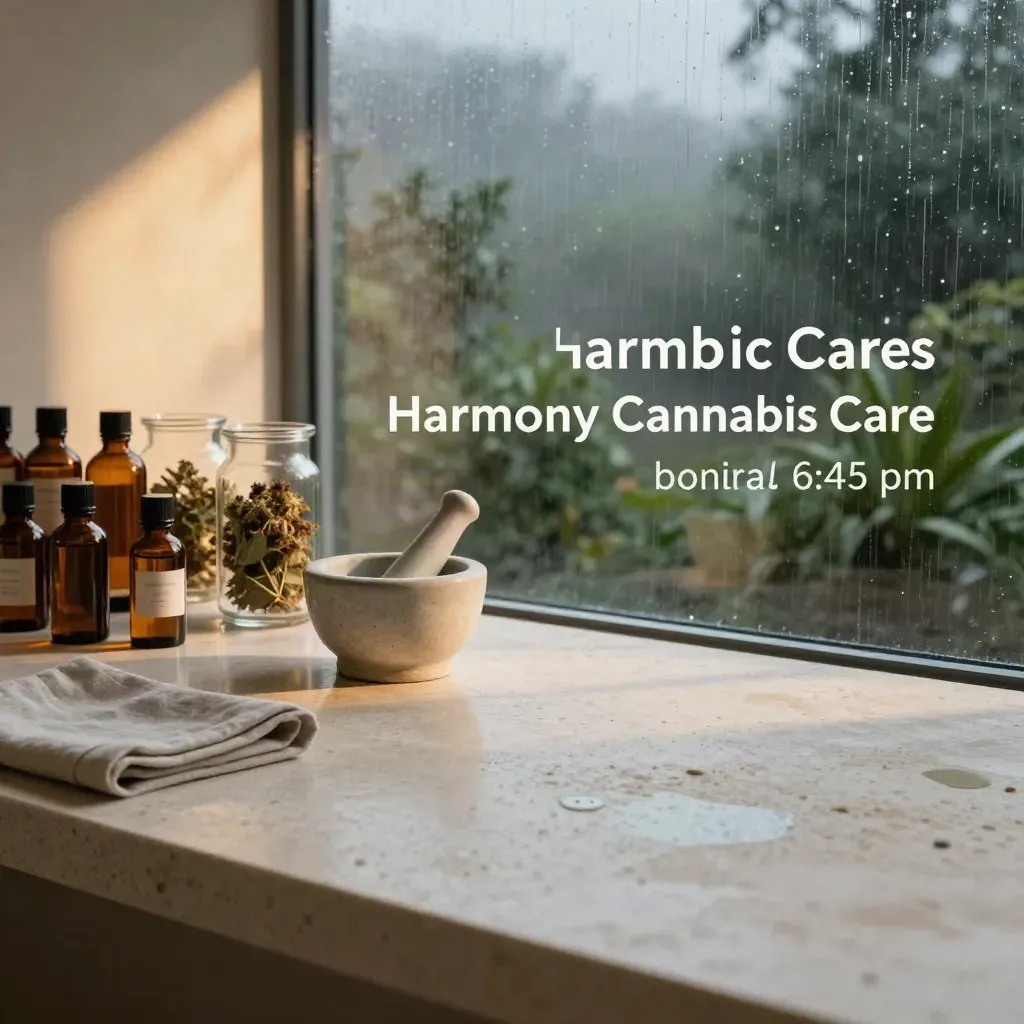 Botanical clinic apothecary counter with tinctures, jars, mortar, and rain-lit blue-hour window