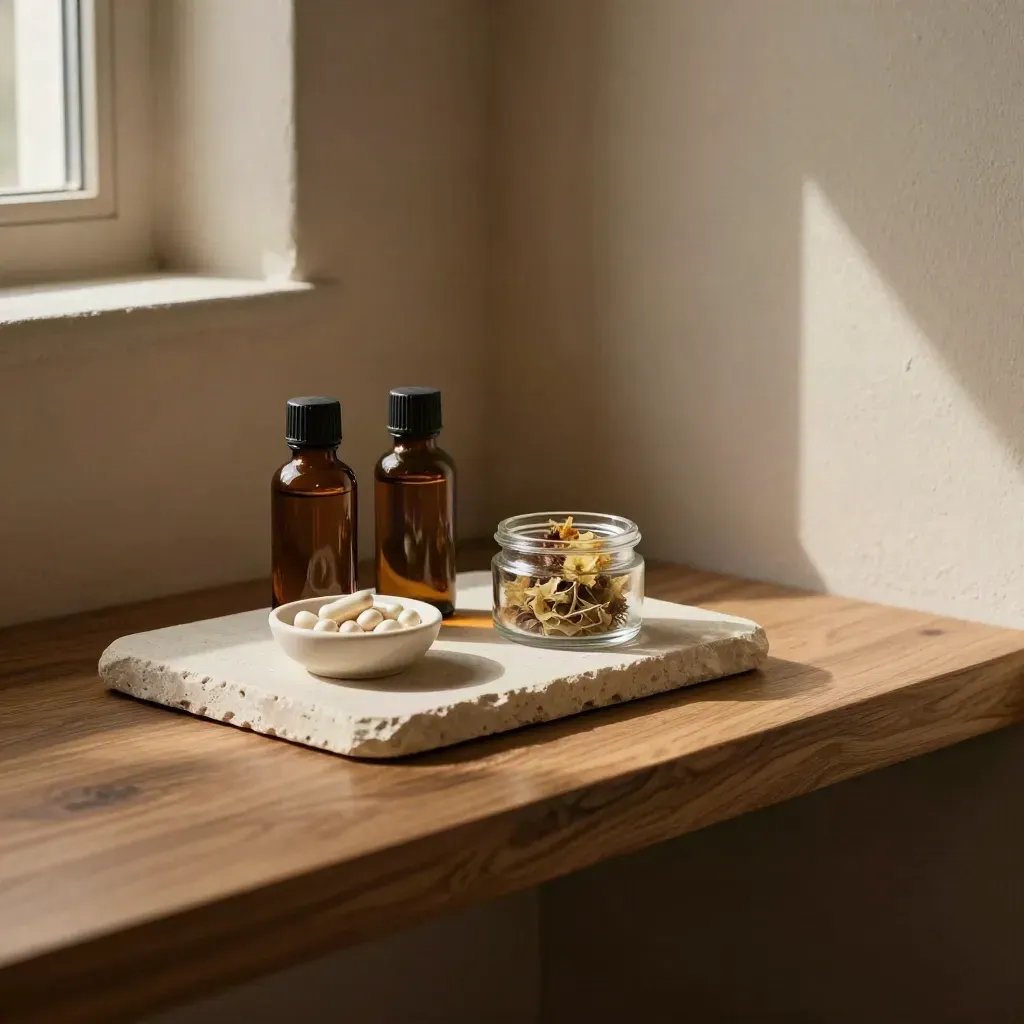 Amber bottles, capsules, and dried flower on pale stone in a calm clinic nook.