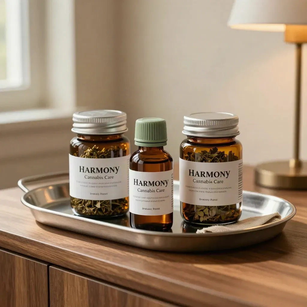 Comparison jars and a sealed cannabis bottle on a brushed-metal tray in warm window light.