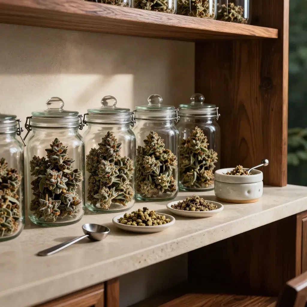 Sealed cannabis flower jars, grinder, and sampling dishes in a moody apothecary alcove.