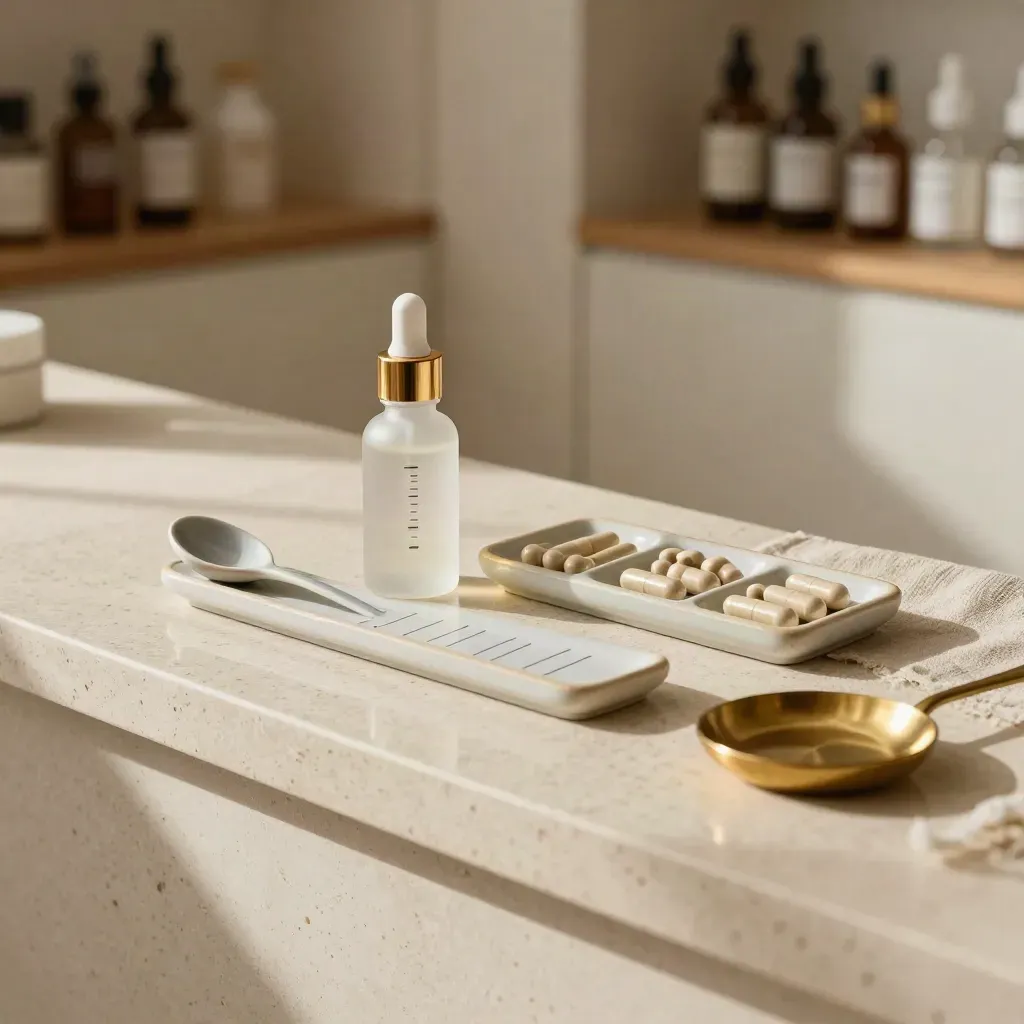 Droplet bottle, ceramic spoon, and capsule groups on travertine in a calm clinic alcove.
