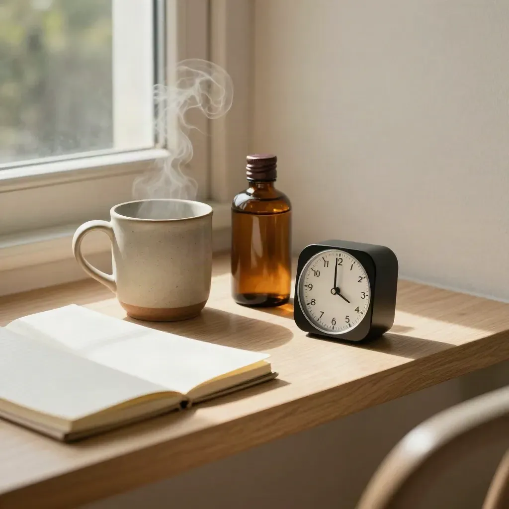 Steam rises from a mug beside a refill bottle and timer on a sunlit window seat.