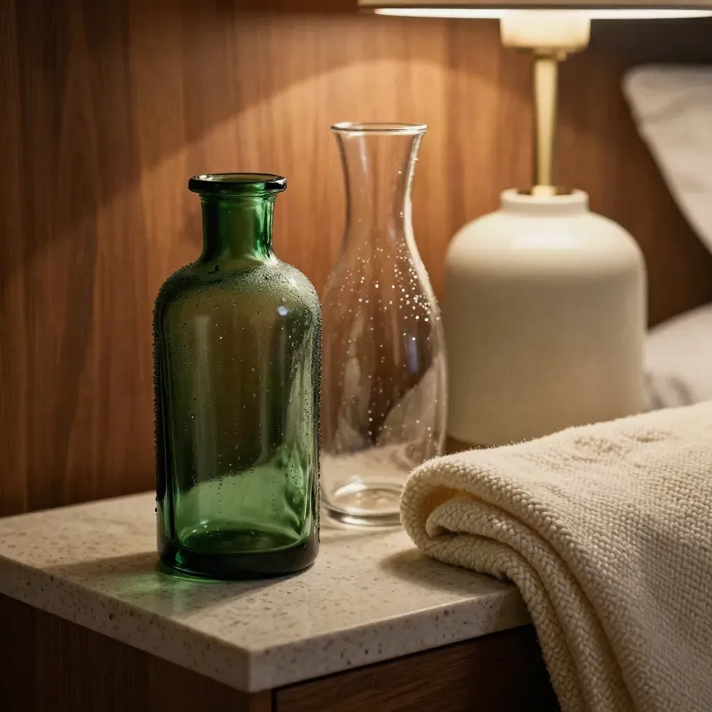 Macro of a bedside tincture bottle, carafe, lamp base and folded blanket in warm lamplight.