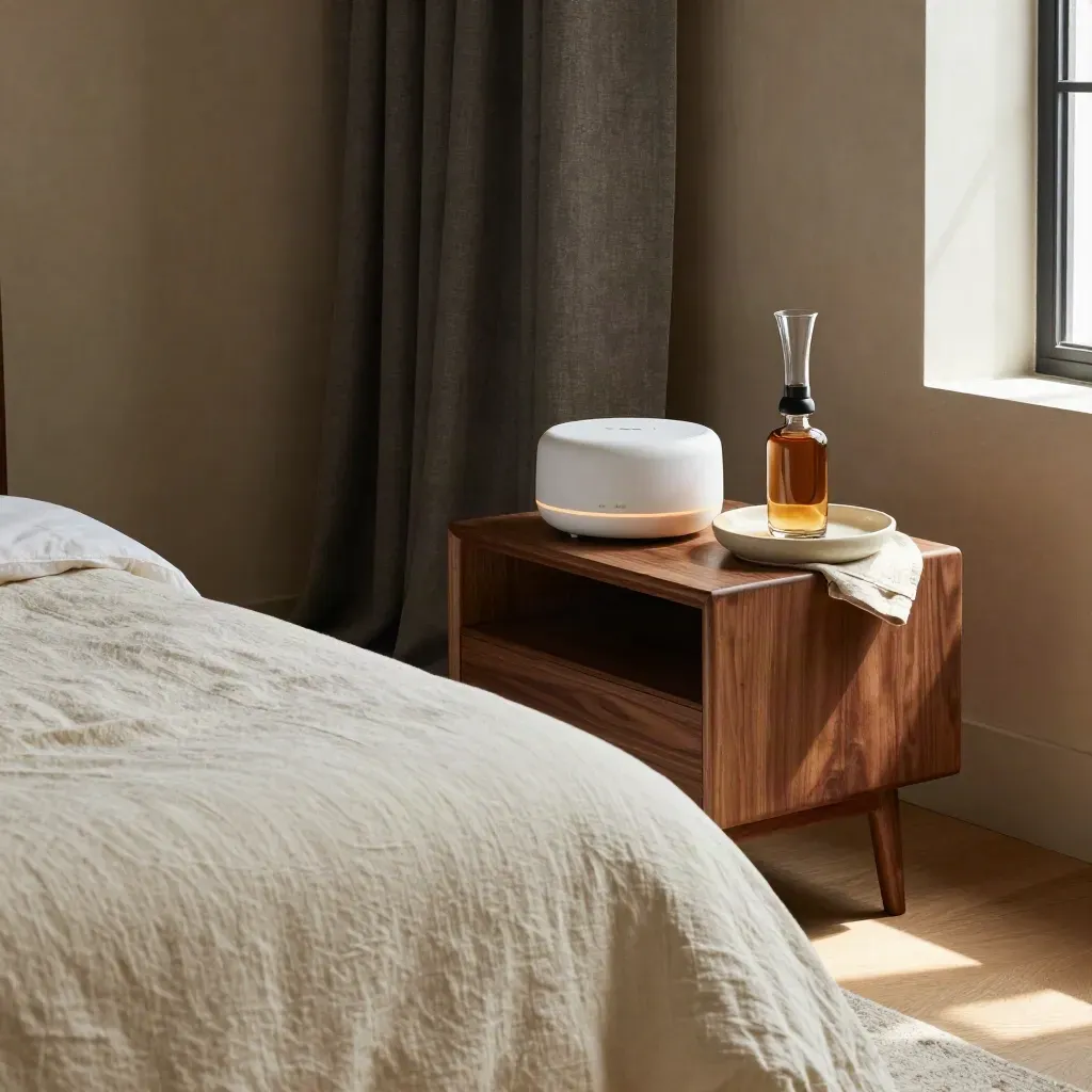 Cream-lit sleep setup with blackout curtains, carafe, white-noise unit, and cannabis tincture tray.