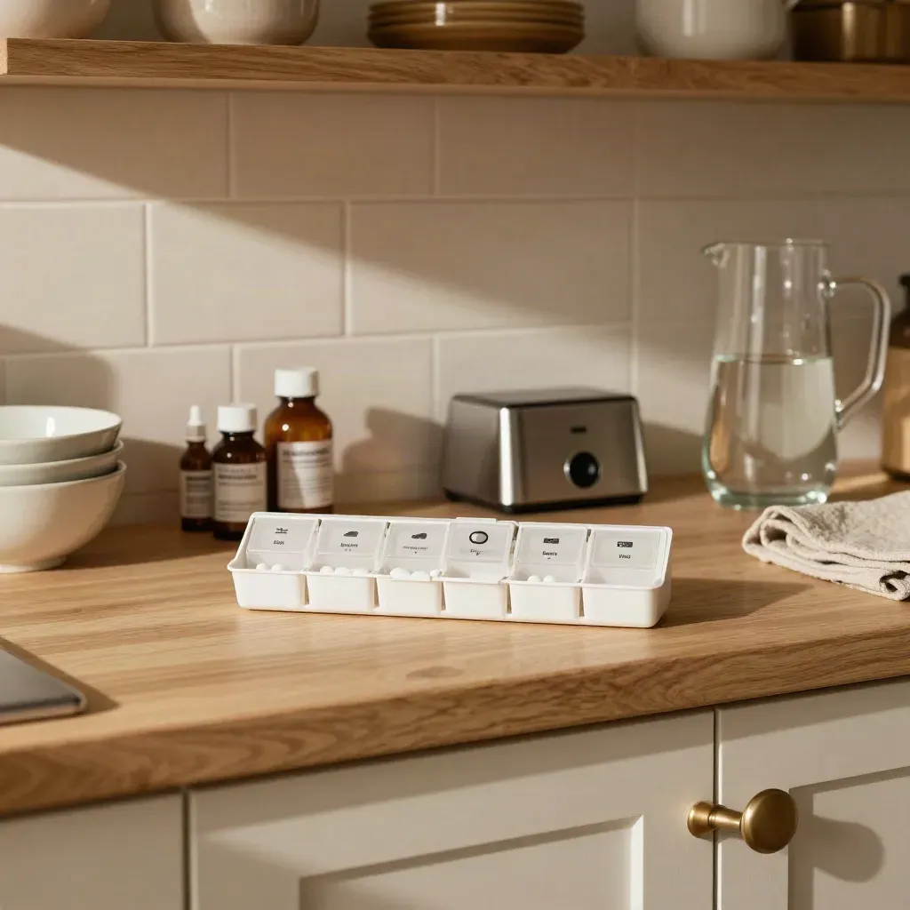 Kitchen shelf with pill organizer, amber bottles, timer and water pitcher in soft daylight.