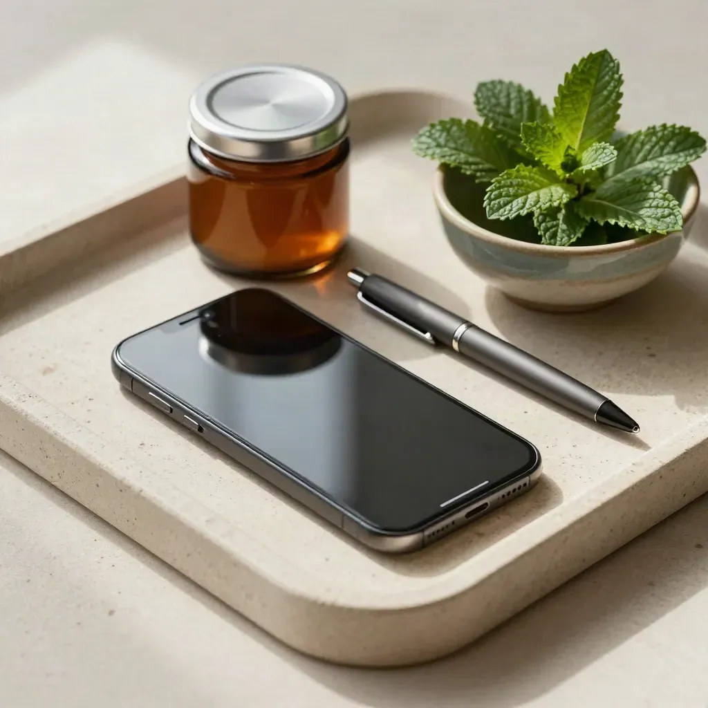 Dark phone, sealed sample jar, pen and mint bowl on stone tray, shot from slightly above.