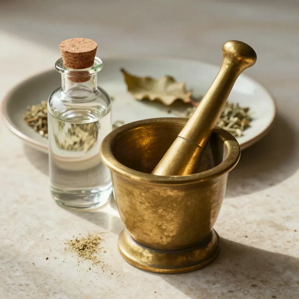 Brass mortar, tincture bottle, and herb specimen dish on travertine in soft light