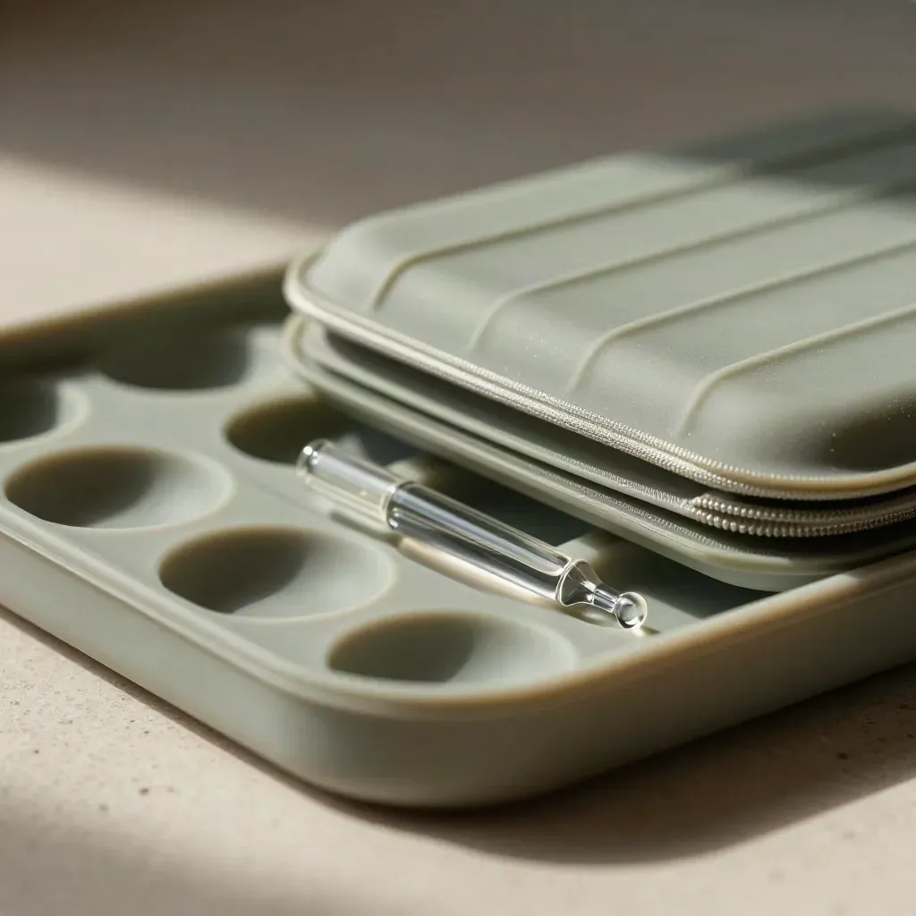 Macro of a nurse practitioner toolkit: capsule tray, glass dropper, and sage silicone case.