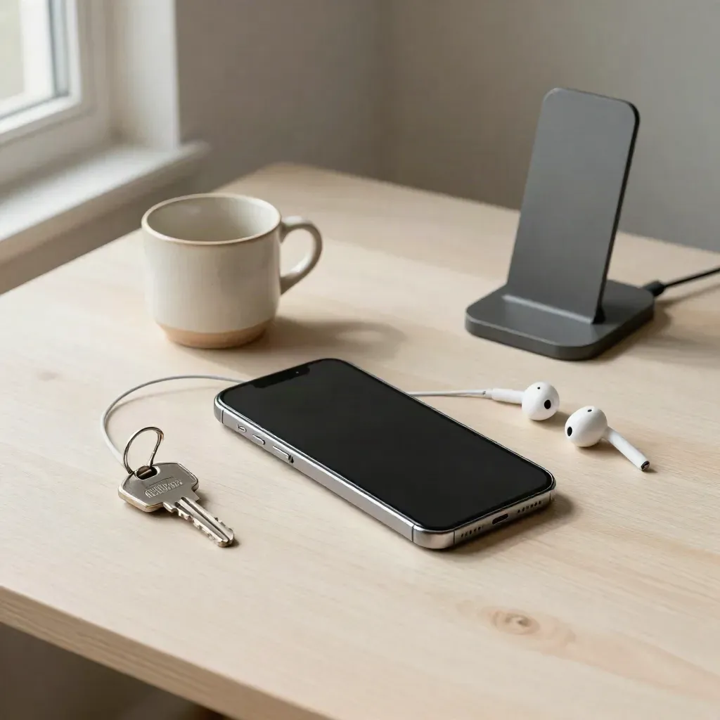Top-down still life of a phone, key, earbuds, mug and charger on pale wood