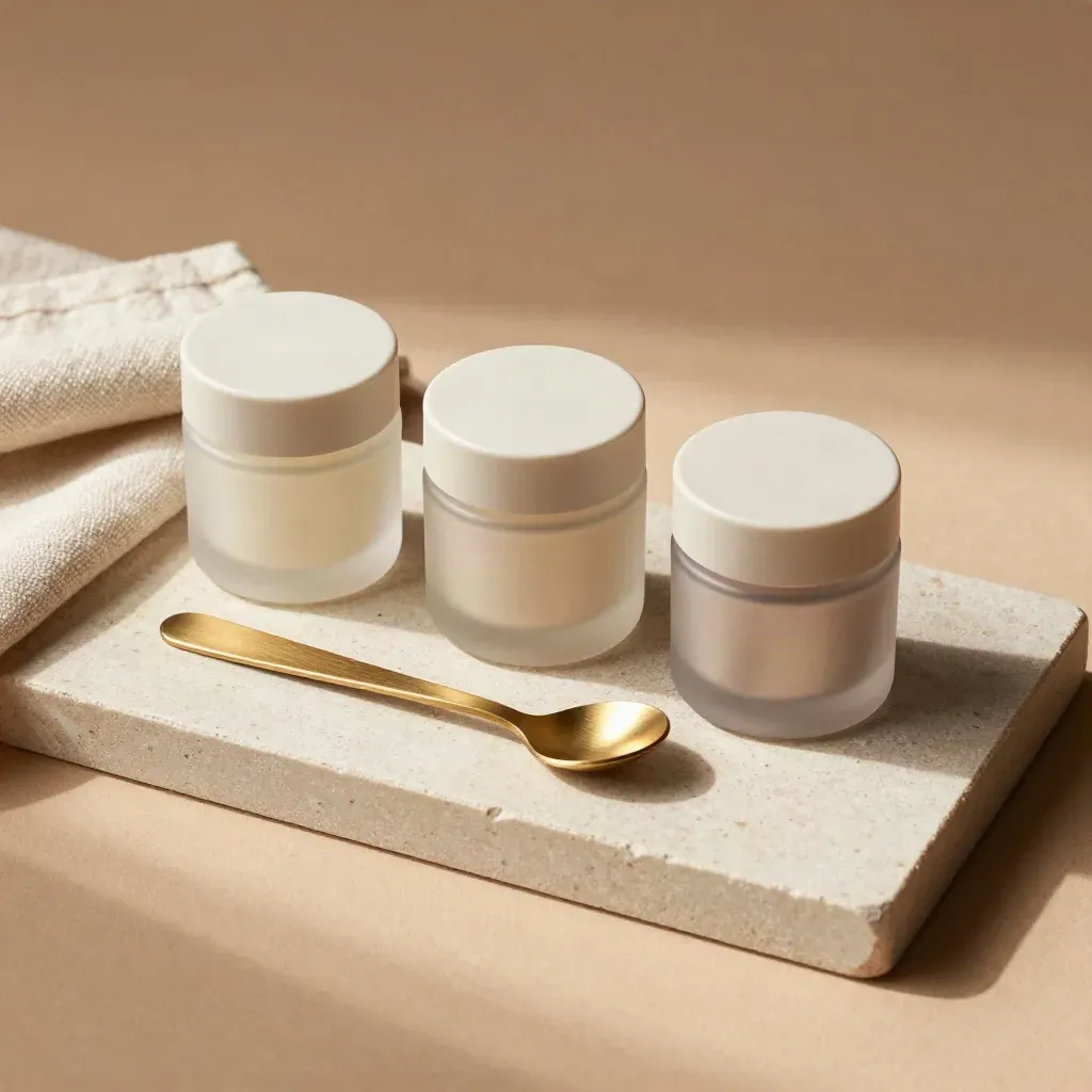 Top-down still life of sample jars, dosing spoon and capsule tin on a stone tray with linen cloth.