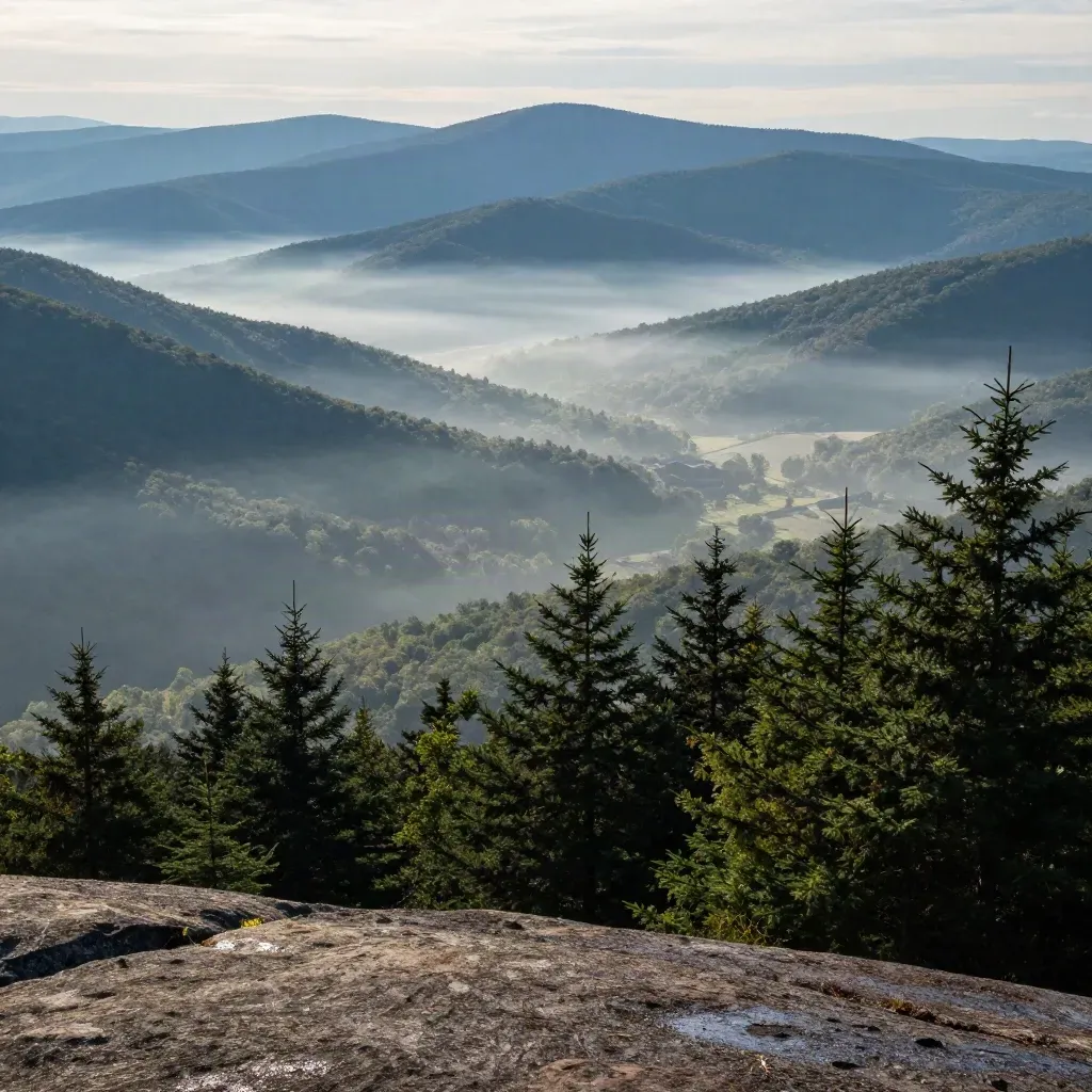 Blue ridge mountains above a misty valley and dark tree line after rain