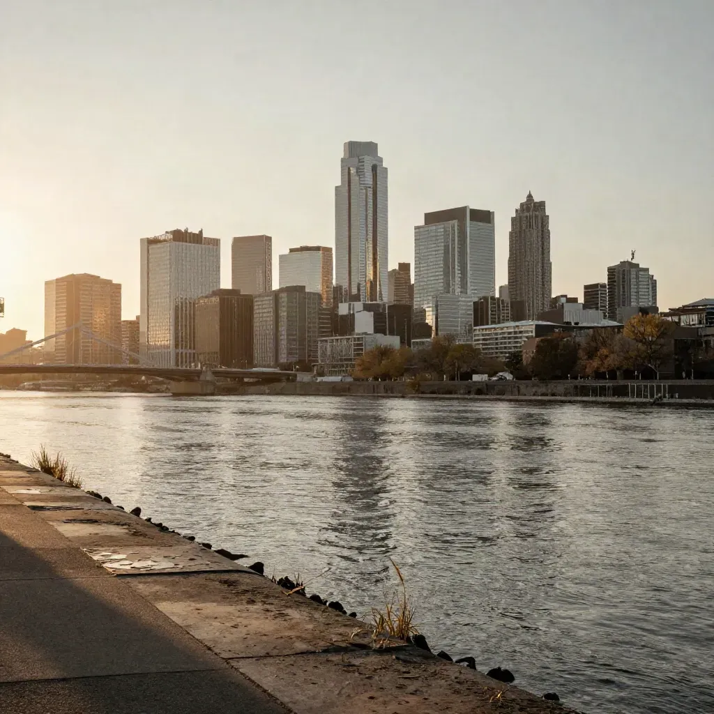 Hazy Charlotte skyline above a calm riverside foreground at sunset.