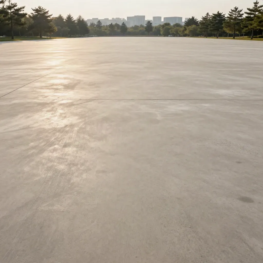 Warm concrete plaza with distant pines and a soft campus skyline in summer haze.